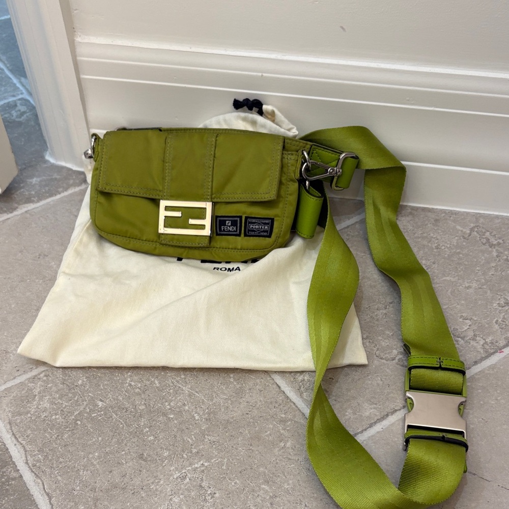 Fendi Lime Green Nylon Crossbody Baguette with Silver FF Hardware